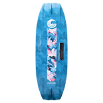 Bottom view of the Lotus wakeboard, featuring a deep blue base with a pink and navy marbled graphic and Connelly logo.