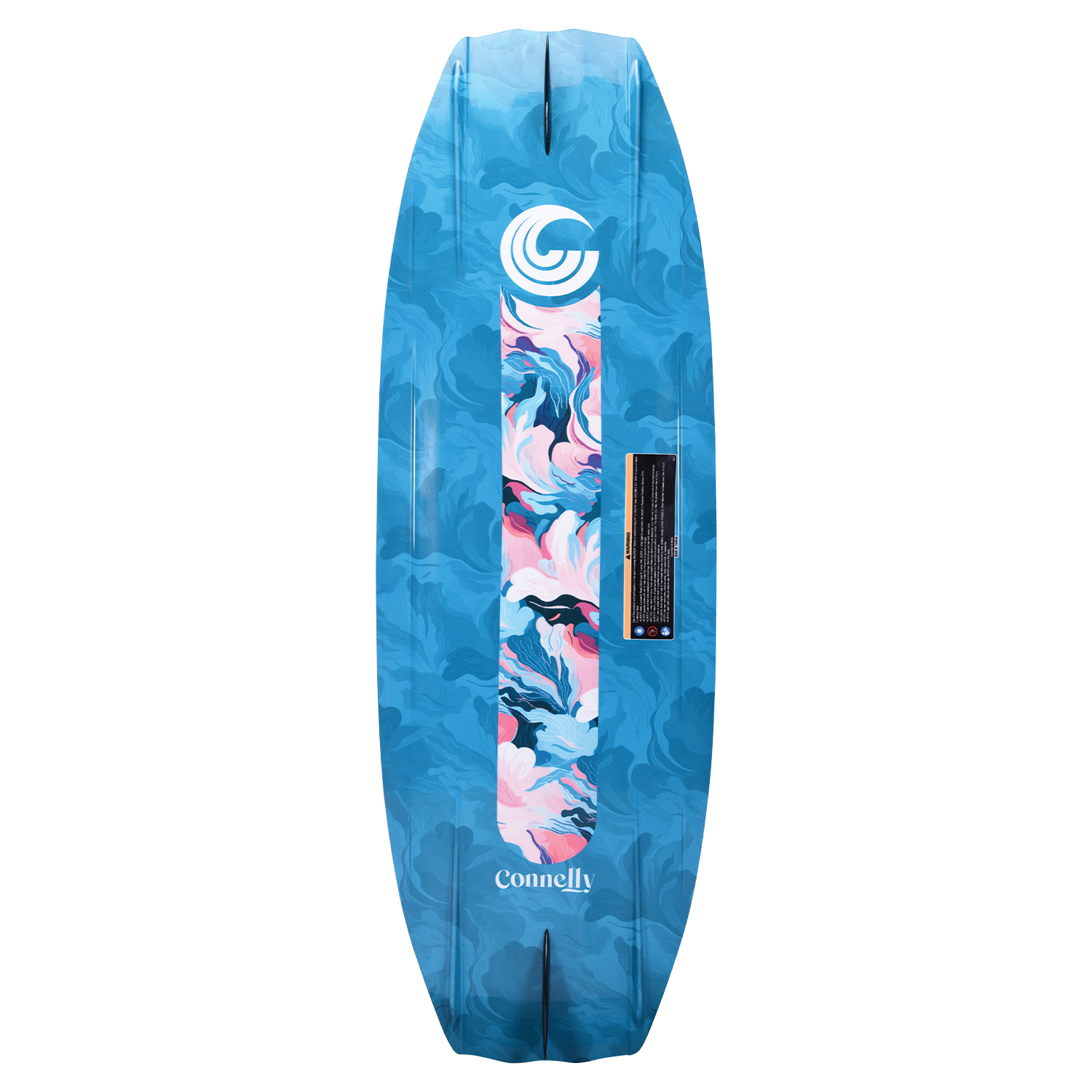 Bottom view of the Lotus wakeboard, featuring a deep blue base with a pink and navy marbled graphic and Connelly logo.