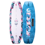 Lotus wakeboard top and bottom views, showing the white deck with floral details and blue base with a marbled design.