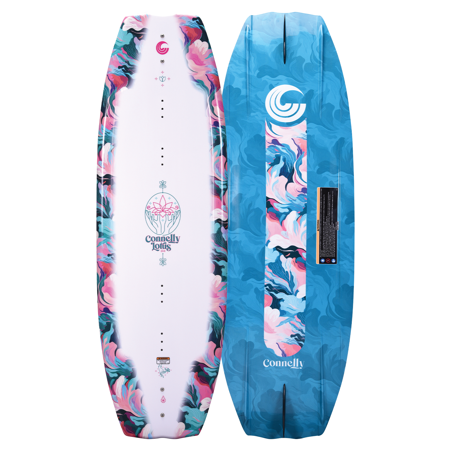 Lotus wakeboard top and bottom views, showing the white deck with floral details and blue base with a marbled design.