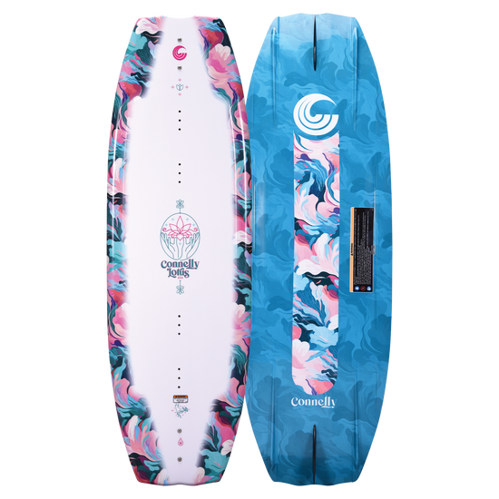 Lotus wakeboard top and bottom views, showing the white deck with floral details and blue base with a marbled design.