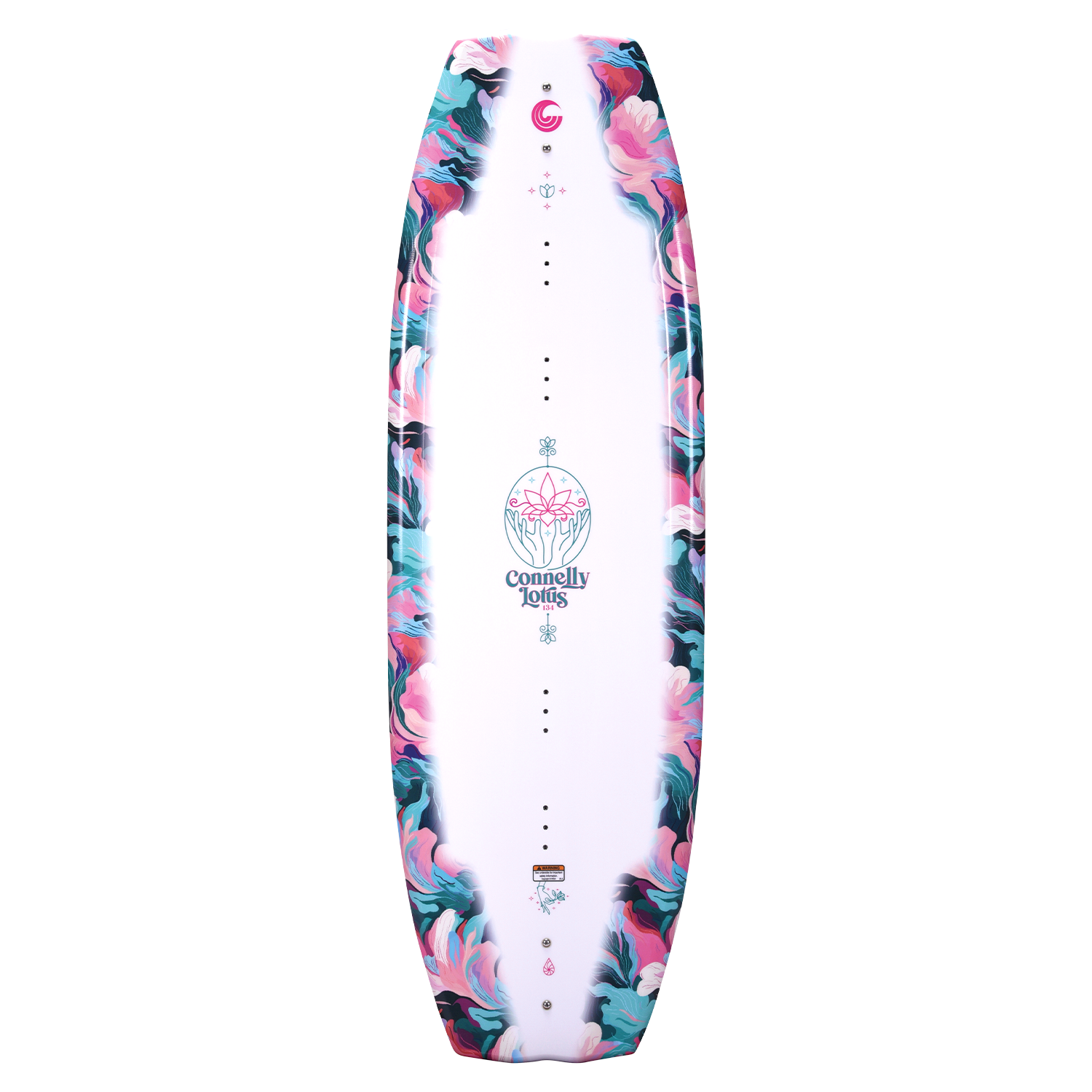 Top view of the Lotus wakeboard, with a white base, marbled border, floral emblem, and centered Connelly Lotus branding.