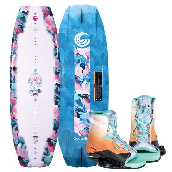 Top and bottom view of the Lotus wakeboard with Karma bindings, with a white and marbled deck, blue base, and pastel-toned boots.