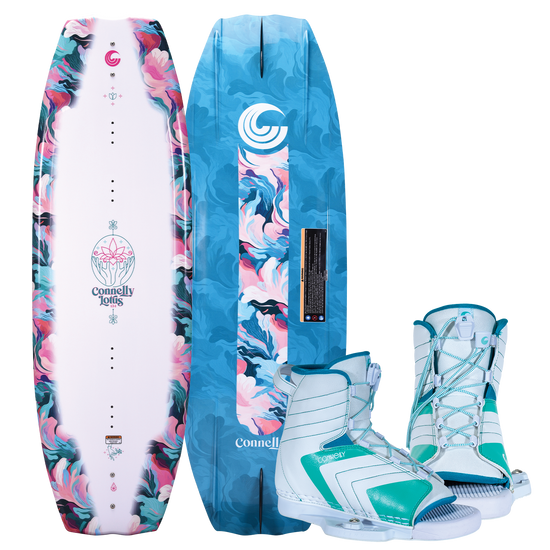 Lotus wakeboard with Optima bindings, featuring a white and marbled deck, blue base, and teal and white open-toe boots.