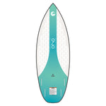 The Ono wakesurf board’s underside is white with a blue gradient, black rails, and multiple fin slots.