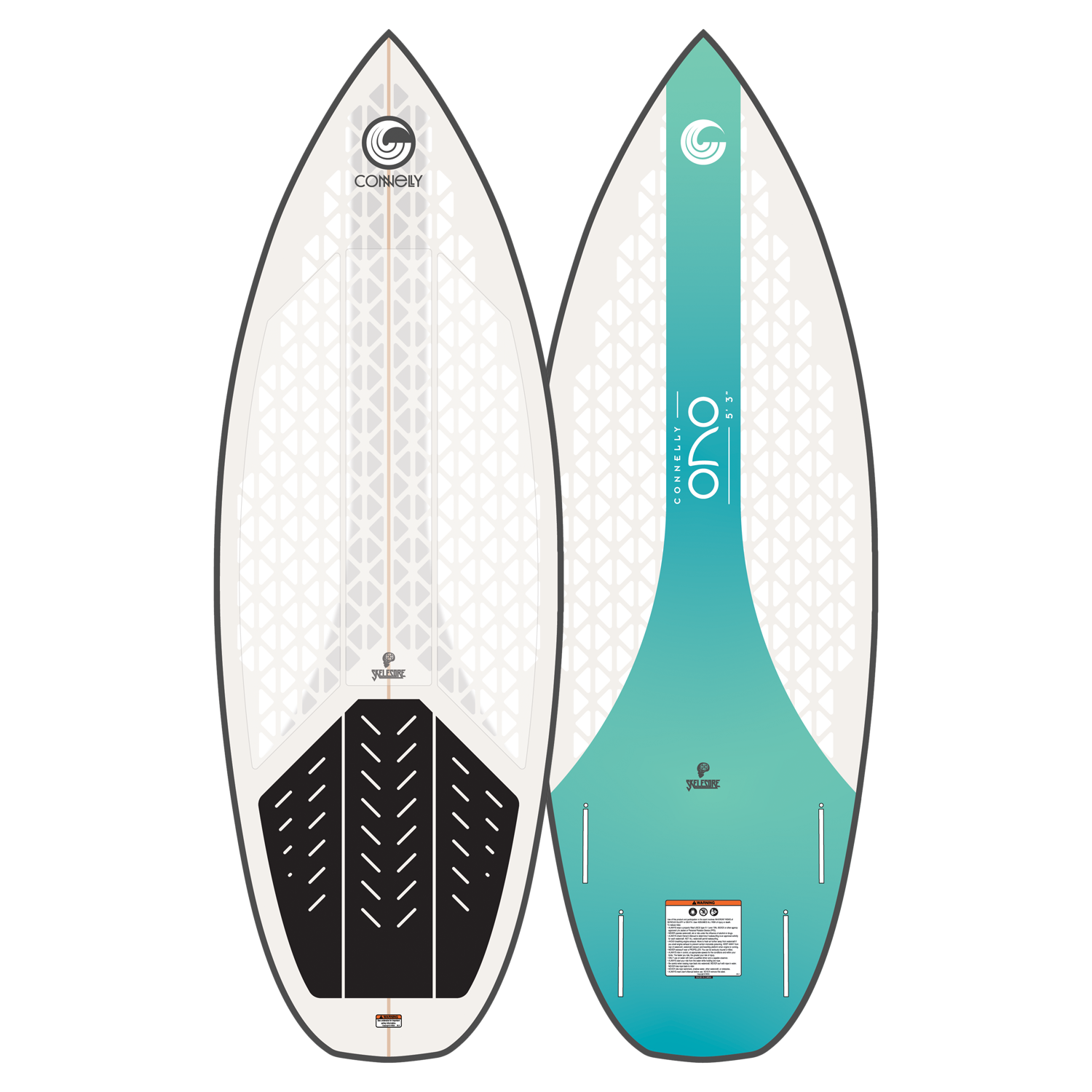 Side-by-side view of Connelly Ono wakesurfer, displaying top and base graphics in teal and white.