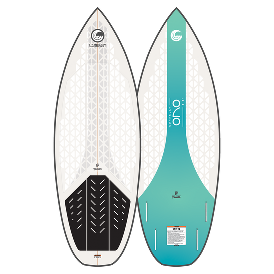 Side-by-side view of Connelly Ono wakesurfer, displaying top and base graphics in teal and white.