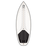 Connelly Ono wakesurf board top view with a gray, black, and white design and durable traction surface.