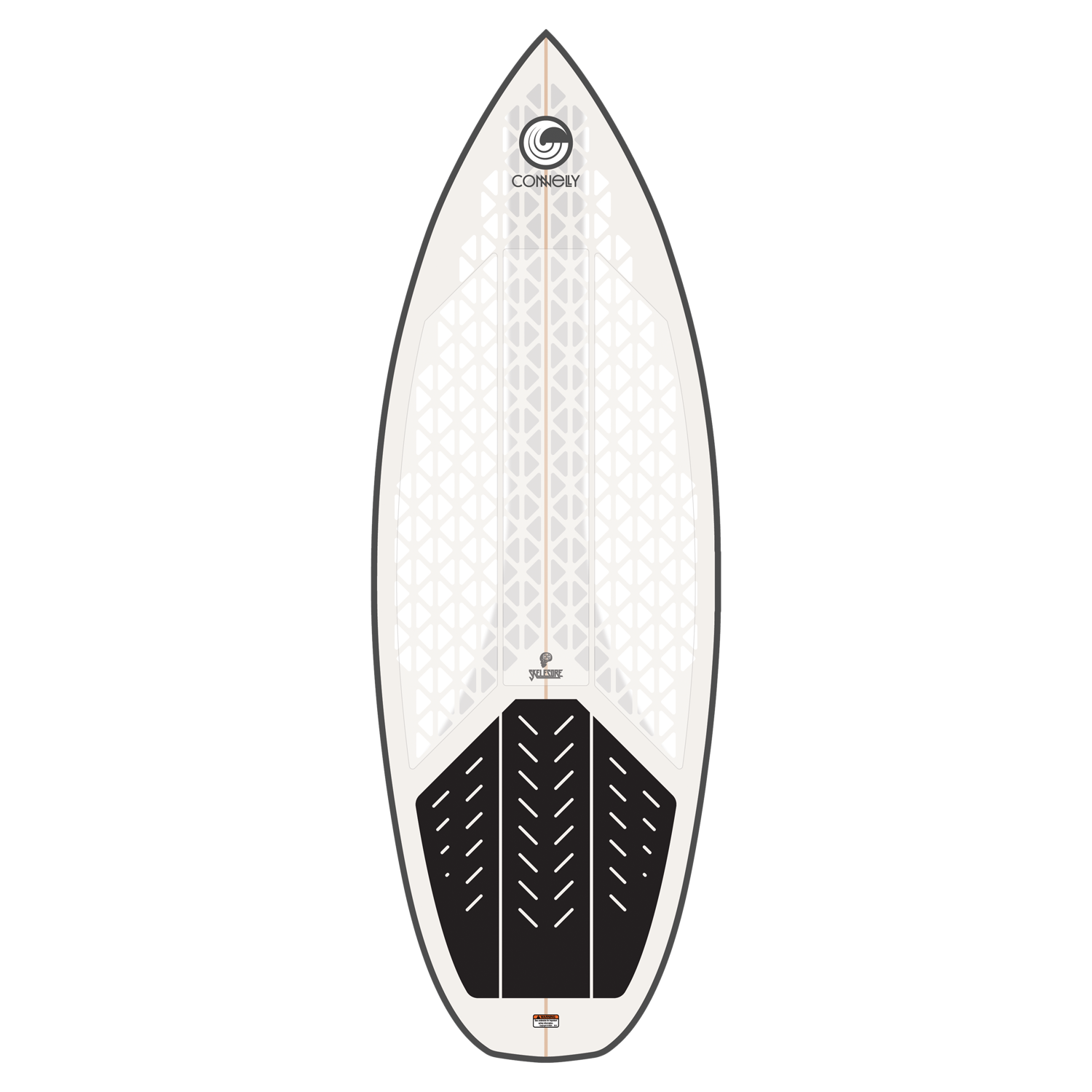 Connelly Ono wakesurf board top view with a gray, black, and white design and durable traction surface.