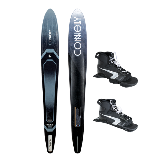 The Outlaw slalom ski displayed with Double Shadow bindings, showcasing a sleek black design with silver details.