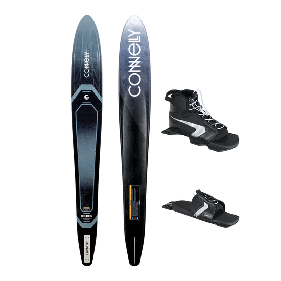 The Outlaw slalom ski displayed with Shadow front and Lace Adjustable RTP bindings, with a black design and silver details.