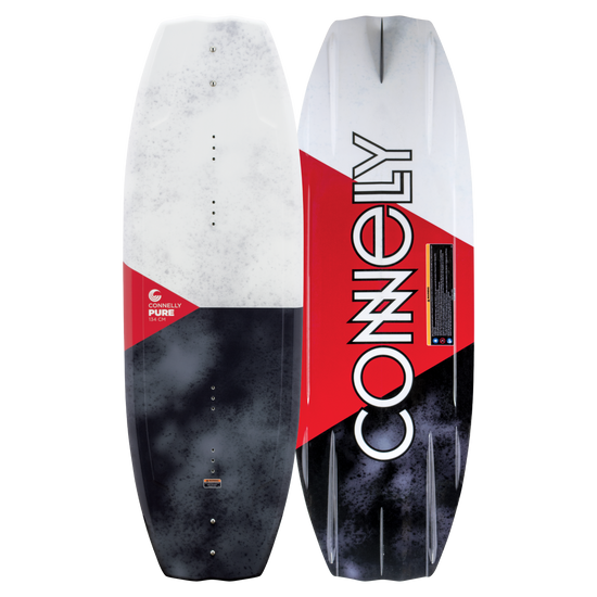 Side-by-side view of the PURE wakeboard’s top and base, highlighting its contrasting white, black, and red designs.