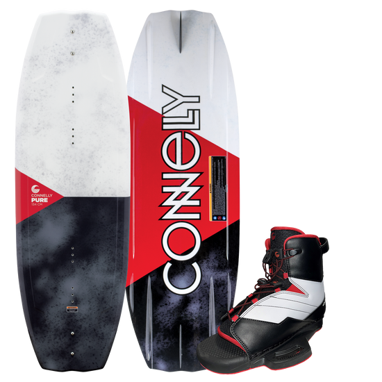 Side-by-side view of the PURE wakeboard with Venza bindings, featuring a red, black, and white design with bold branding.