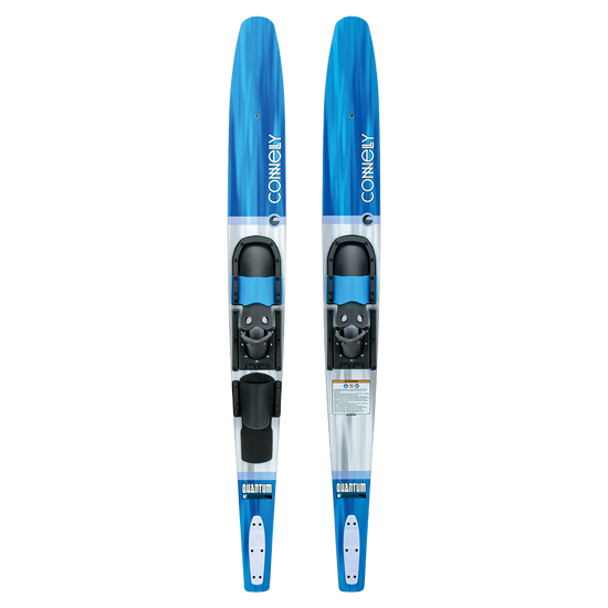 Front view of the Quantum combo water skis, featuring a blue and white design with adjustable bindings and a stabilizer bar.