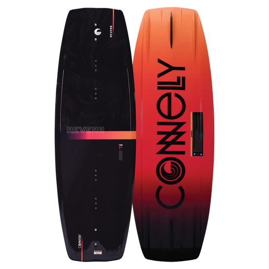 Top and base of the Reverb wakeboard, featuring a black top with orange gradient accents and a bold logo on the base.