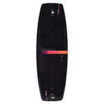 Top of the Reverb wakeboard in glossy black with subtle swirl patterns and an orange gradient stripe near the tail.