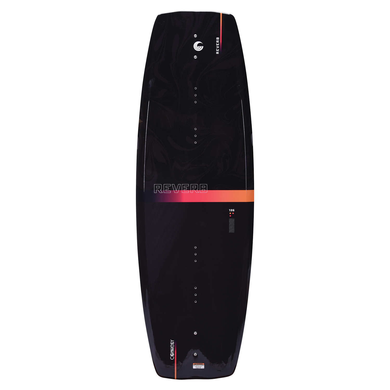 Top of the Reverb wakeboard in glossy black with subtle swirl patterns and an orange gradient stripe near the tail.