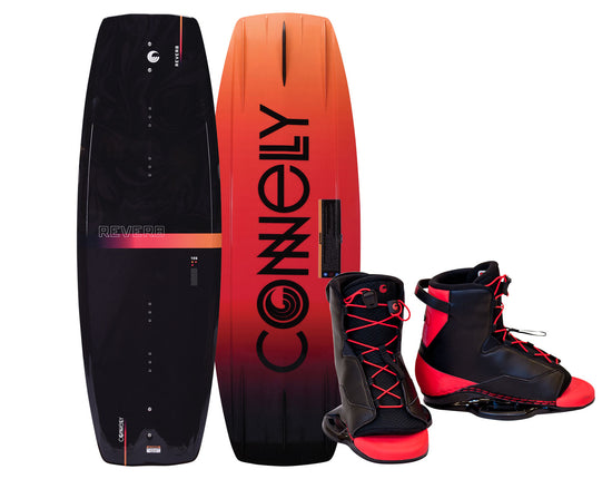 Reverb wakeboard with Empire bindings, black top with orange gradient, bold logo on base, and black-red bindings.