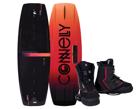 Reverb wakeboard with Faction bindings, black top with orange gradient, bold logo on base, and black-red bindings.