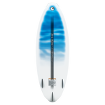 Bottom of the Ride wakesurf board with a white-to-blue gradient, black stripes, and four fin slots for stability.