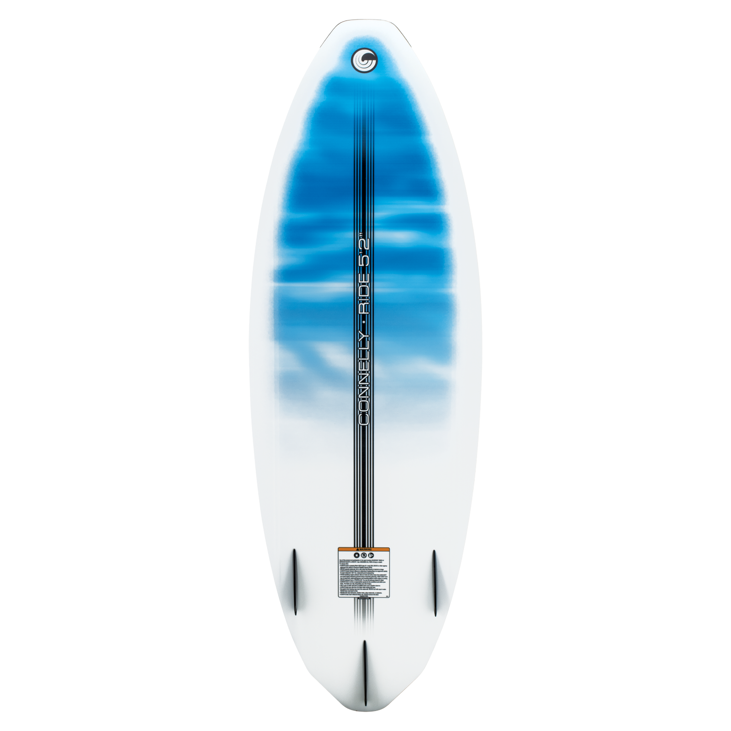 Bottom of the Ride wakesurf board with a white-to-blue gradient, black stripes, and four fin slots for stability.