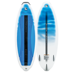 Ride wakesurf board showing both top and base, with a white and blue gradient design, black traction pad, and quad fins.