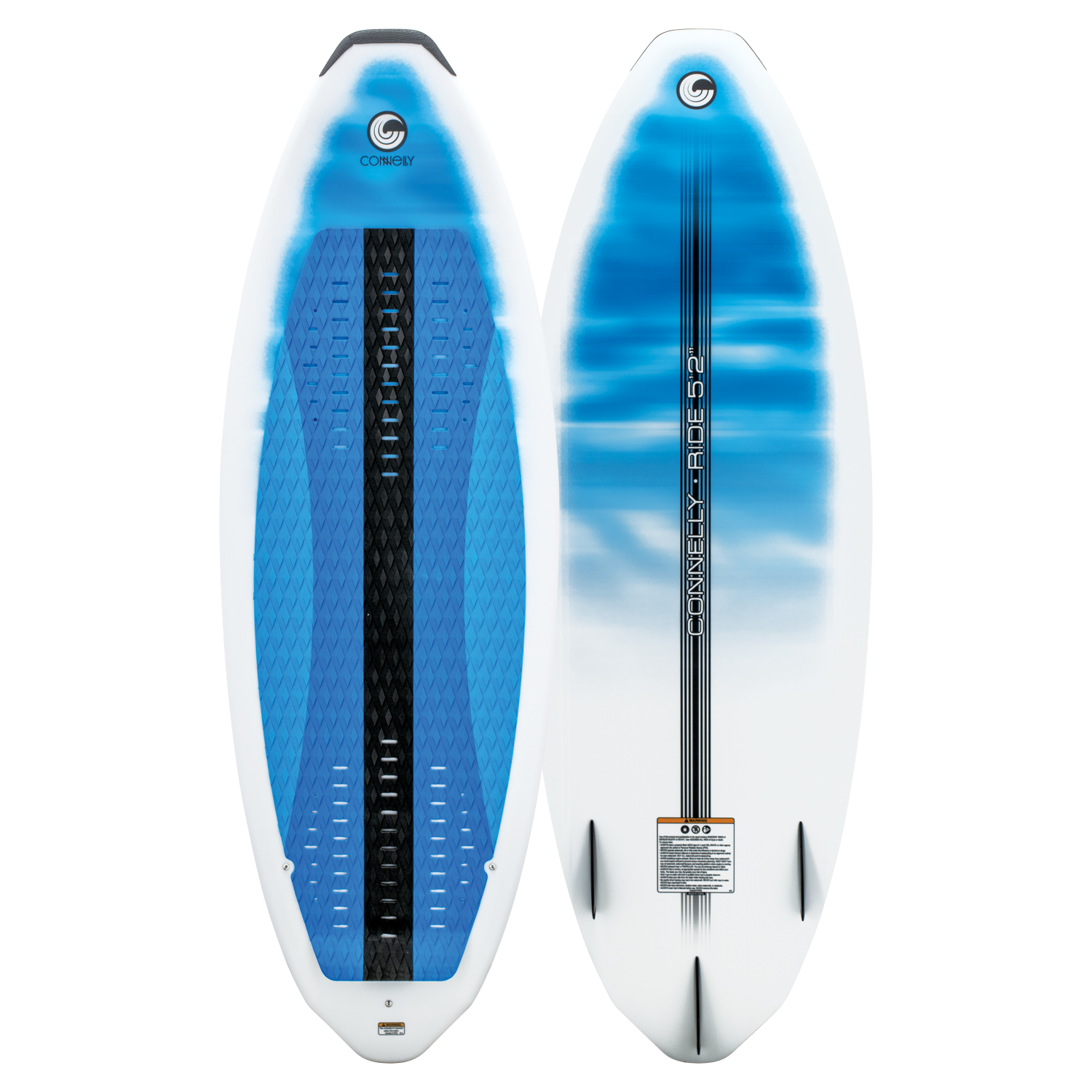 Ride wakesurf board showing both top and base, with a white and blue gradient design, black traction pad, and quad fins.