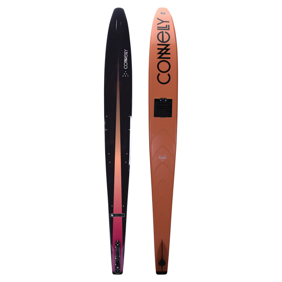 Top and base of Rocket water ski, featuring a sharp black-to-orange gradient finish with a logo and a tapered profile.