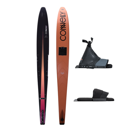 Top and base view of the Rocket ski with a black-to-orange gradient design, paired with a Comp front boot and Pivot RTP.