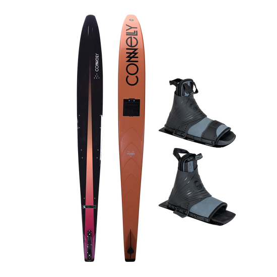 Rocket water ski with Double Comp Boots, featuring a sleek black-to-orange gradient design and durable adjustable bindings.