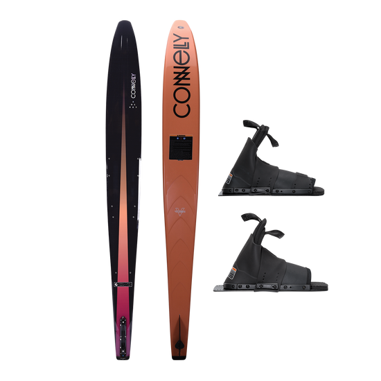 Rocket water ski with Double Stoker Boots, featuring a sleek black-to-orange gradient design and durable black bindings.