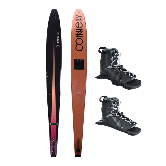 Top and base view of the Rocket ski with a black-to-orange gradient and bold lettering, paired with black Tempest boots.