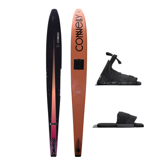 Top and base view of the Rocket ski with a black-to-orange gradient design, paired with a Stoker front boot and Pivot RTP.