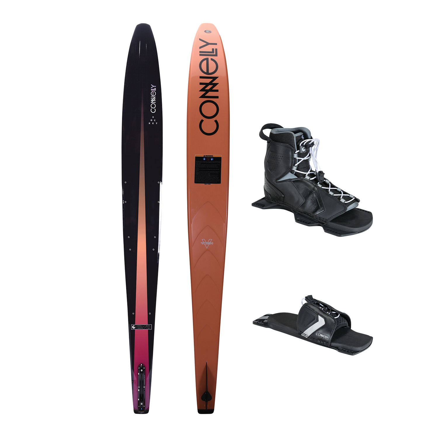 Rocket ski shown with with Tempest Front Boot and Lace Adjustable RTP, featuring a sleek black-to-orange gradient design.