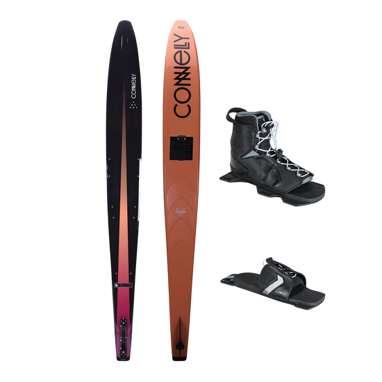 Rocket ski shown with with Tempest Front Boot and Lace Adjustable RTP, featuring a sleek black-to-orange gradient design.