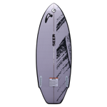 Full base view of the Seer wakesurf board with black abstract graphics and twin fin boxes.