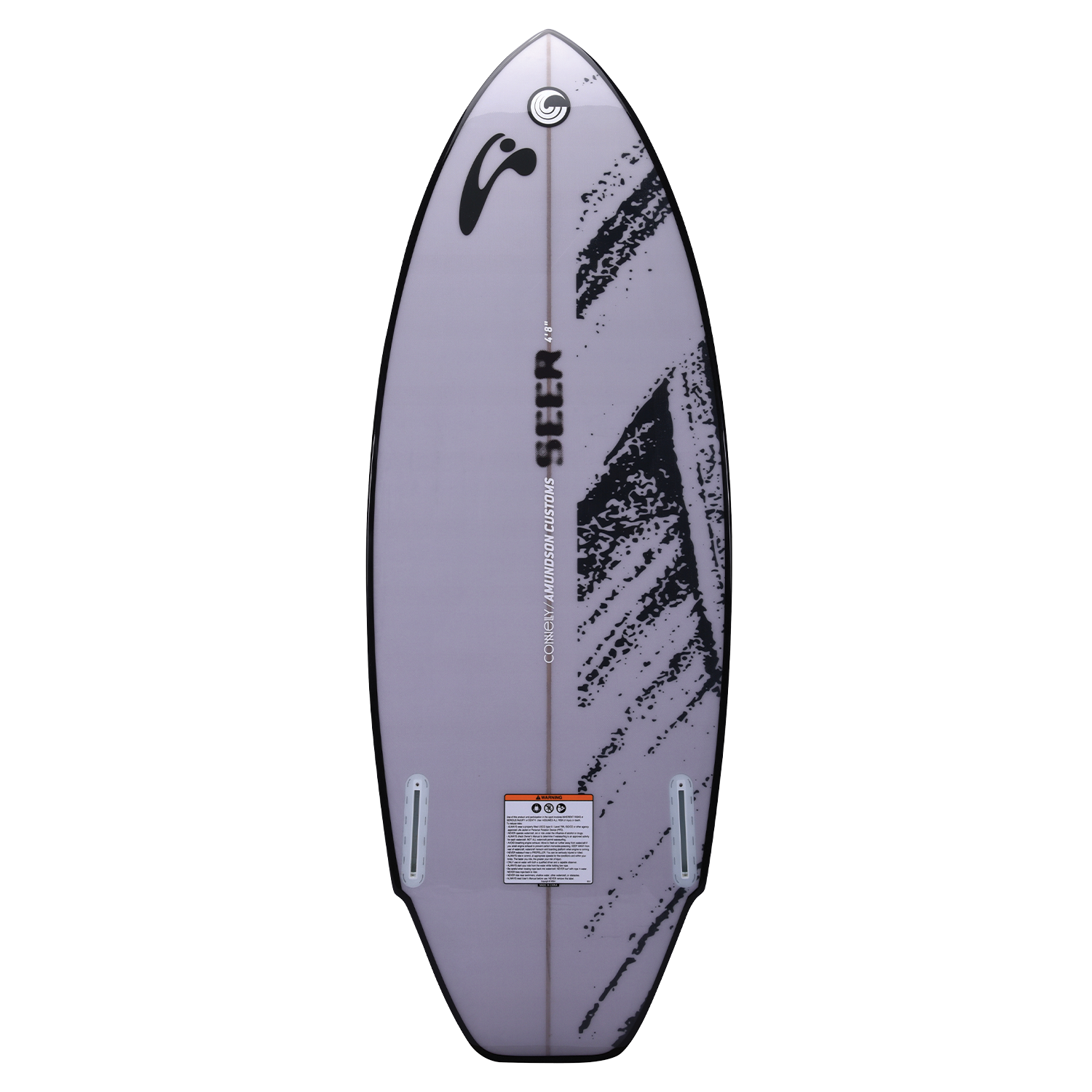 Full base view of the Seer wakesurf board with black abstract graphics and twin fin boxes.