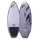 Top and base view of the Seer wakesurf board, featuring a gray deck with a black traction pad and a bold graphic base.