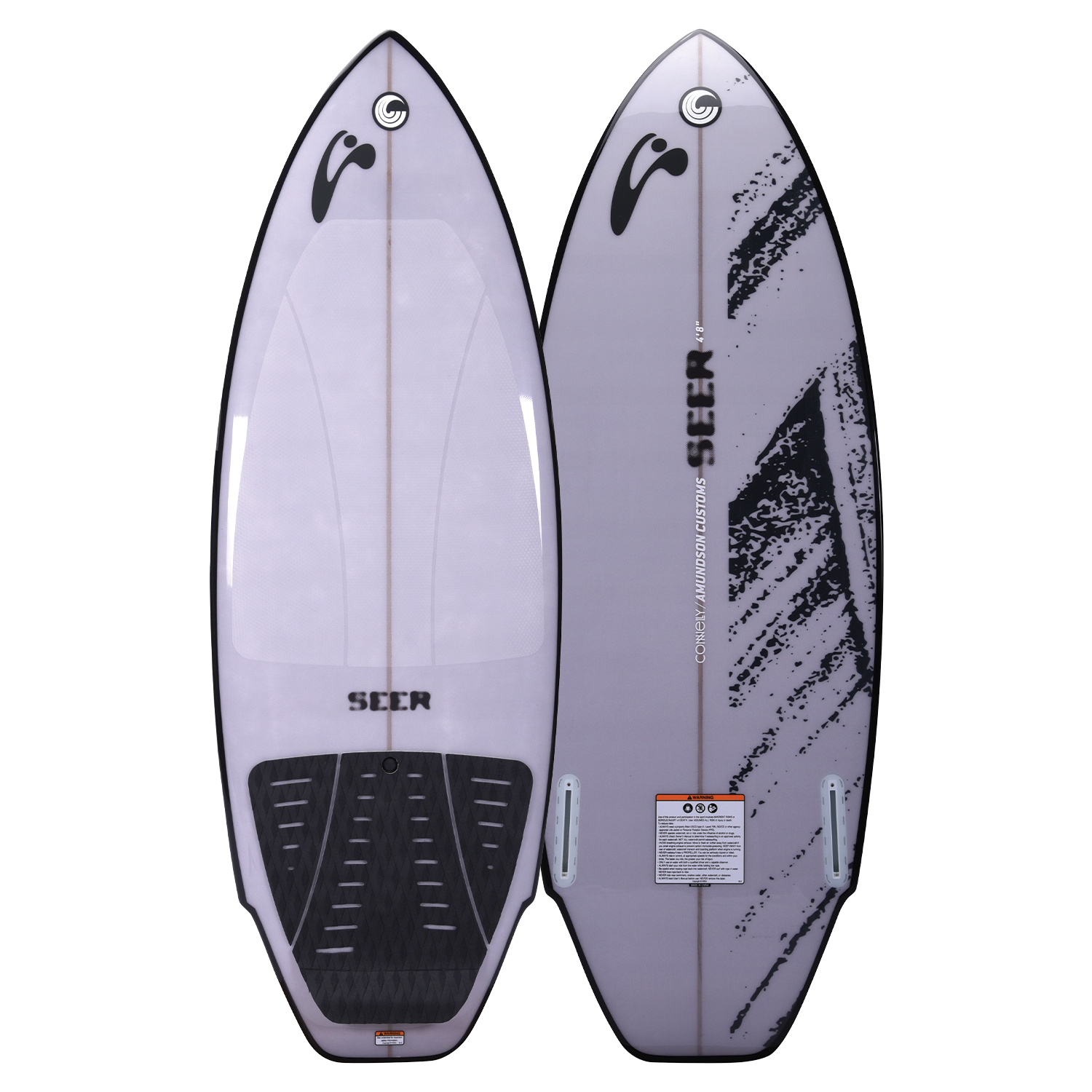 Top and base view of the Seer wakesurf board, featuring a gray deck with a black traction pad and a bold graphic base.