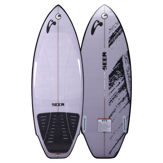 Top and base view of the Seer wakesurf board, featuring a gray deck with a black traction pad and a bold graphic base.