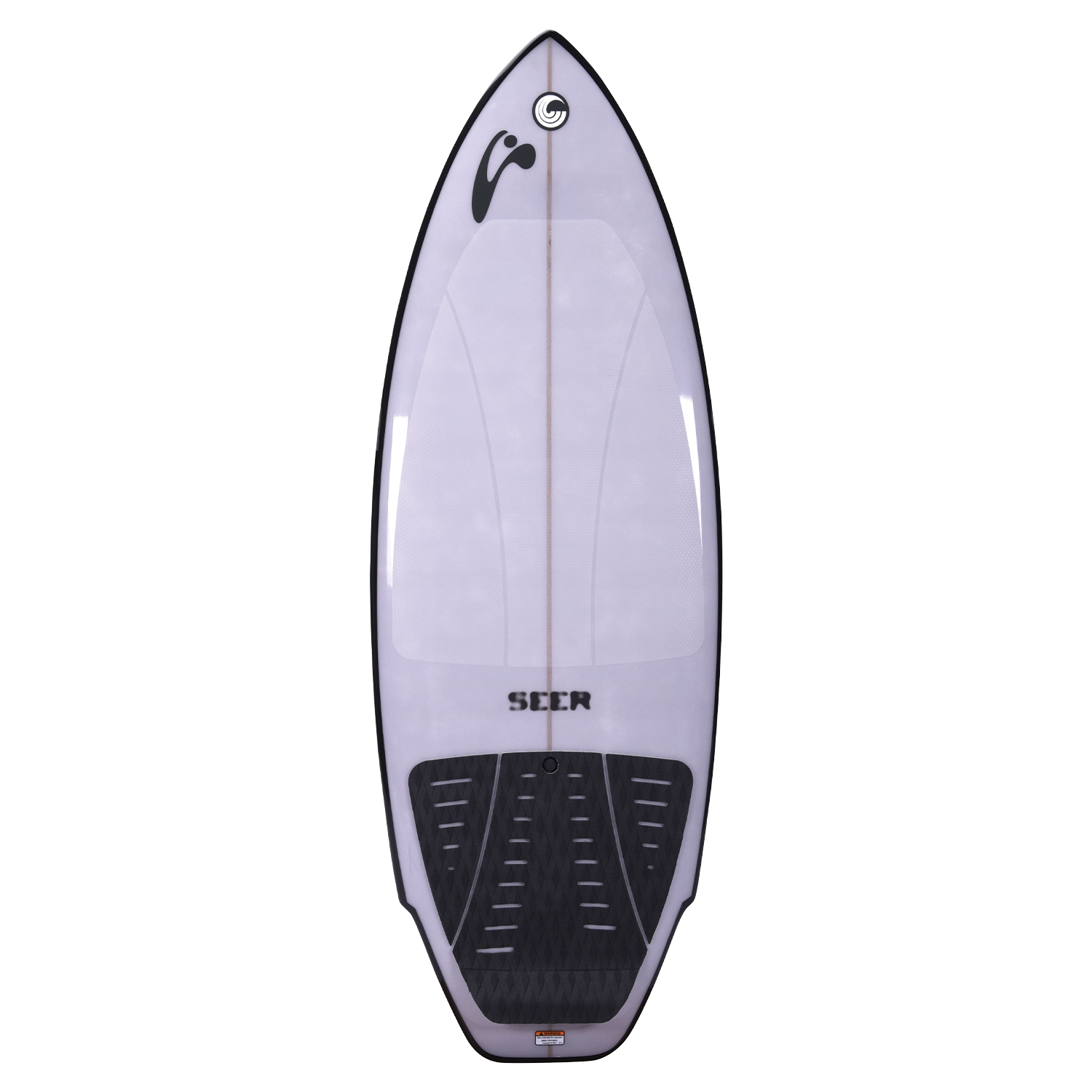 Full top view of the Seer wakesurf board, showing its gray deck, subtle texture, and black grip pad.