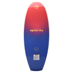 Base view of the SPARK wakesurf board with a red-to-blue gradient design, gold branding, and size marking.