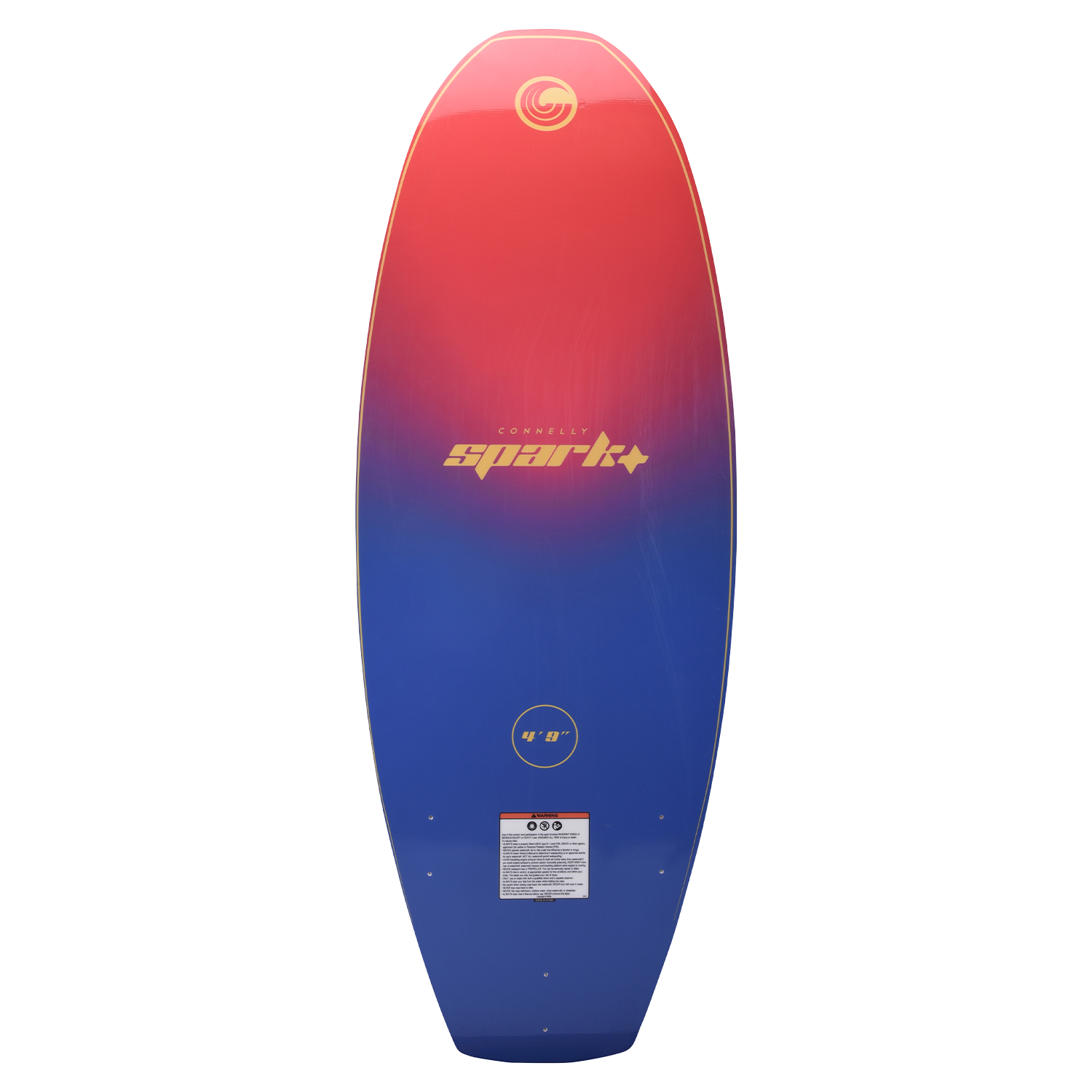 Base view of the SPARK wakesurf board with a red-to-blue gradient design, gold branding, and size marking.