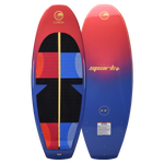 SPARK wakesurf board shown front and base view, featuring a red-to-blue gradient, black traction pad, and gold branding.