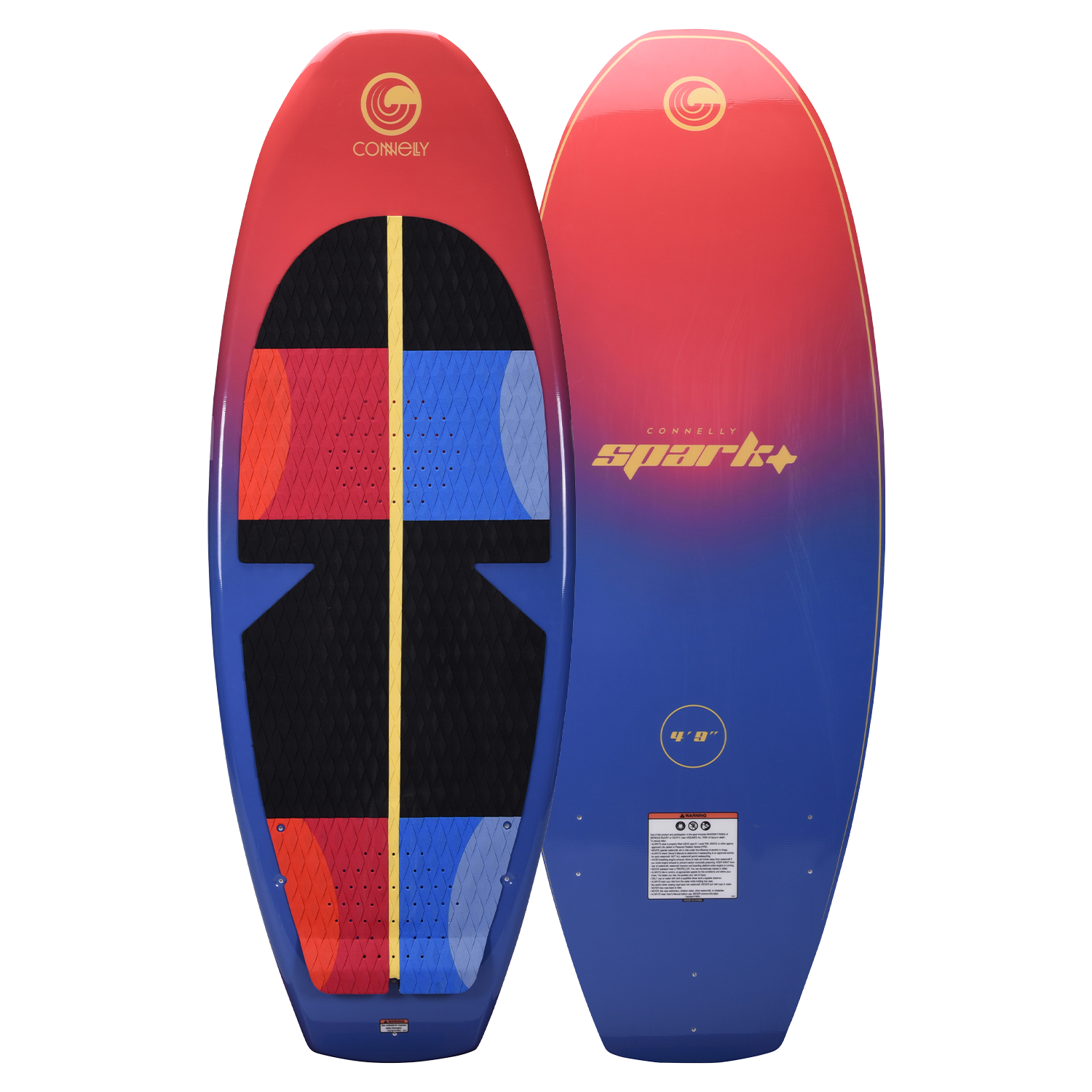 SPARK wakesurf board shown front and base view, featuring a red-to-blue gradient, black traction pad, and gold branding.