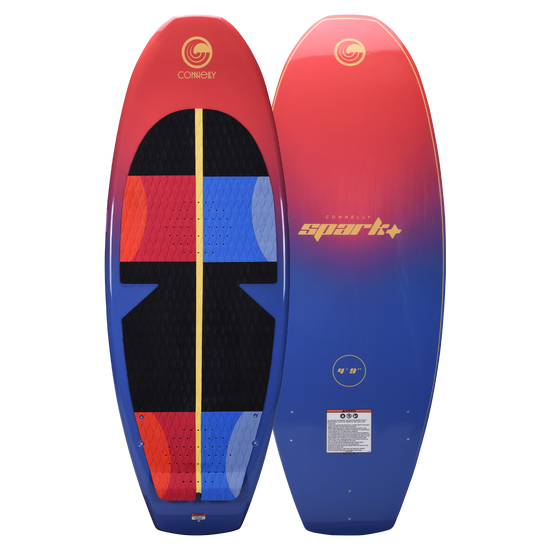 SPARK wakesurf board shown front and base view, featuring a red-to-blue gradient, black traction pad, and gold branding.