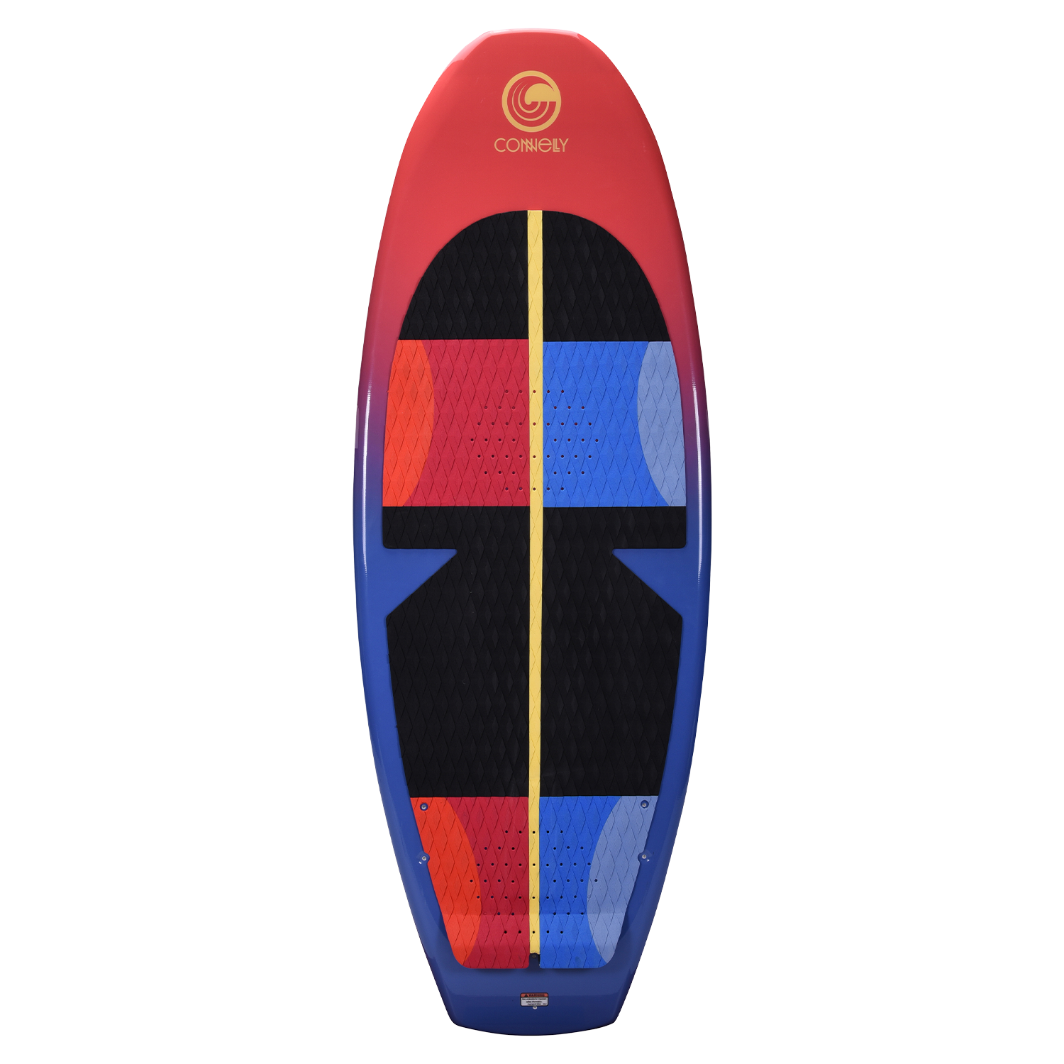 Top view of the SPARK wakesurf board with a red-to-blue gradient, black traction pad, and geometric accents.