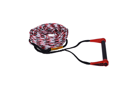 Coiled red, black, and white rope with a black grip handle and red accents, featuring a five-section mainline.