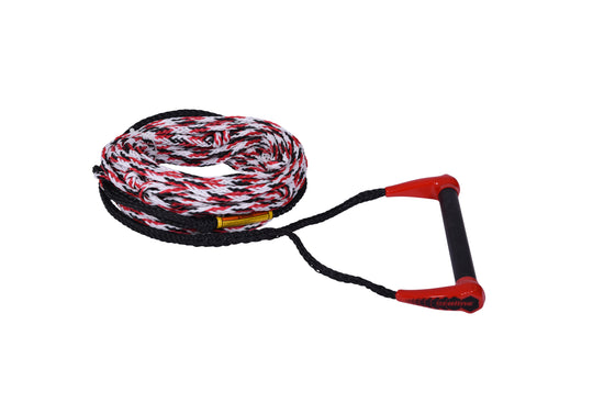 Coiled red, black, and white rope with a black handle and red grips, featuring an eight-section mainline for variable length.