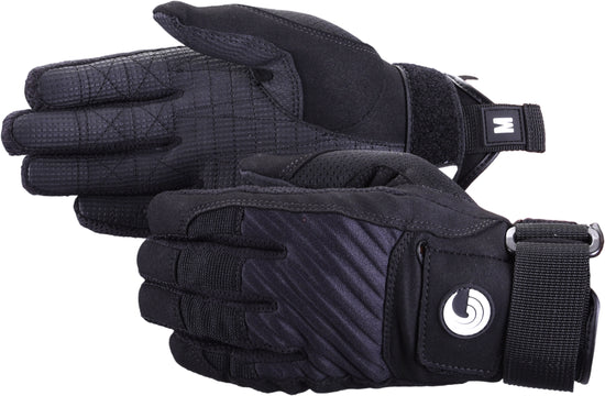 Pair of Men's Tournament Gloves in black, with a ribbed top, reinforced fingers, wrist strap, and logo patch.